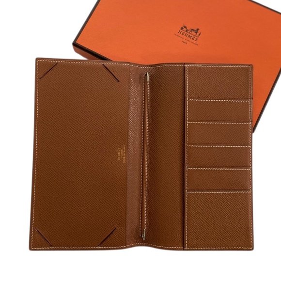 Authentic Hermès Bifold Long Wallet + Agenda Holder w/ COA in Gold (Camel Brown) - Picture 1 of 15
